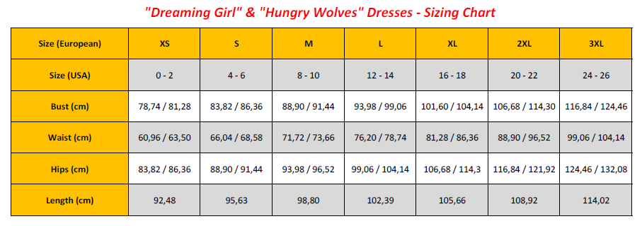 Dreaming Girl & Hungry Wolves Dresses - Sizing Chart (GB)