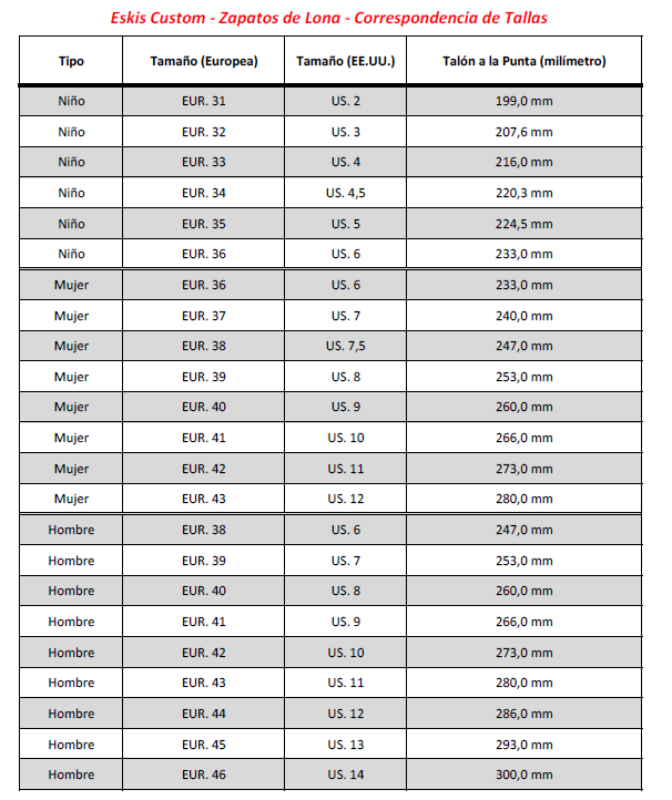 Eskis Canvas Custom Shoes Sizing Chart (ES)