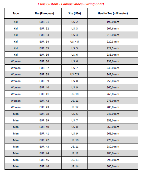 Eskis Canvas Custom Shoes Sizing Chart (GB)