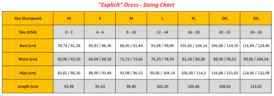 Explicit Dress - Sizing Chart (GB)
