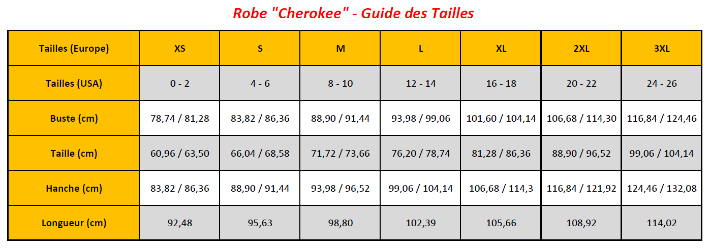 N7 - Cherokee Dress - Sizing Chart
