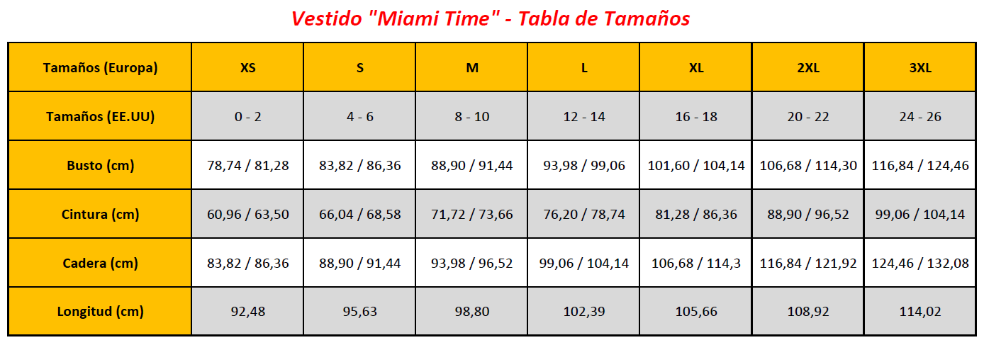 N7 - Miami Time Dress - Sizing Chart (ES)