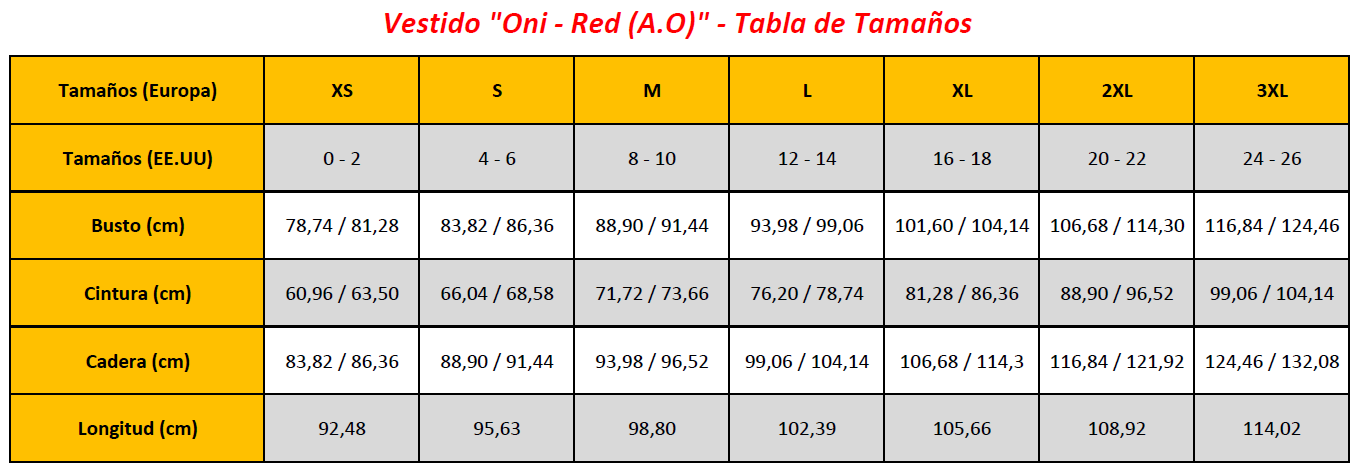 N7 - Oni - Red (A.O) Dress - Sizing Chart (ES)