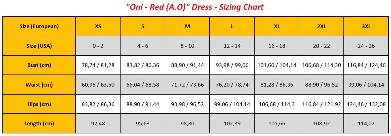 N7 - Oni - Red (A.O) Dress - Sizing Chart (GB)