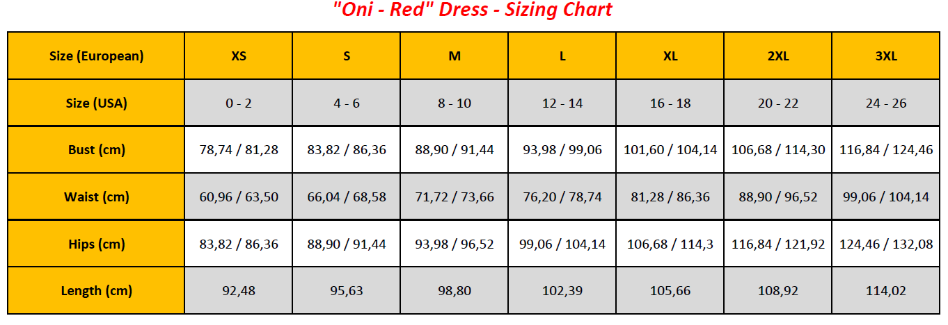 N7 - Oni - Red Dress - Sizing Chart (GB)