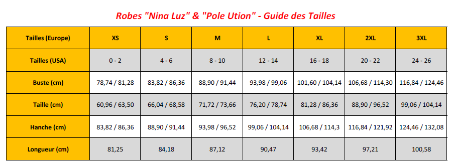 Nina Luz & Pole Ution Dresses - Sizing Chart (FR)