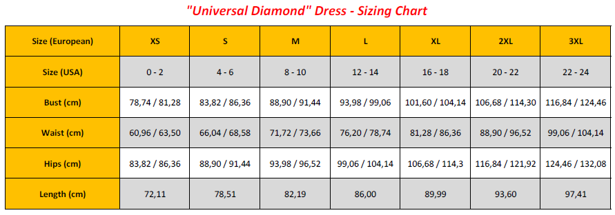 Universal Diamond Dress - Sizing Chart (GB)